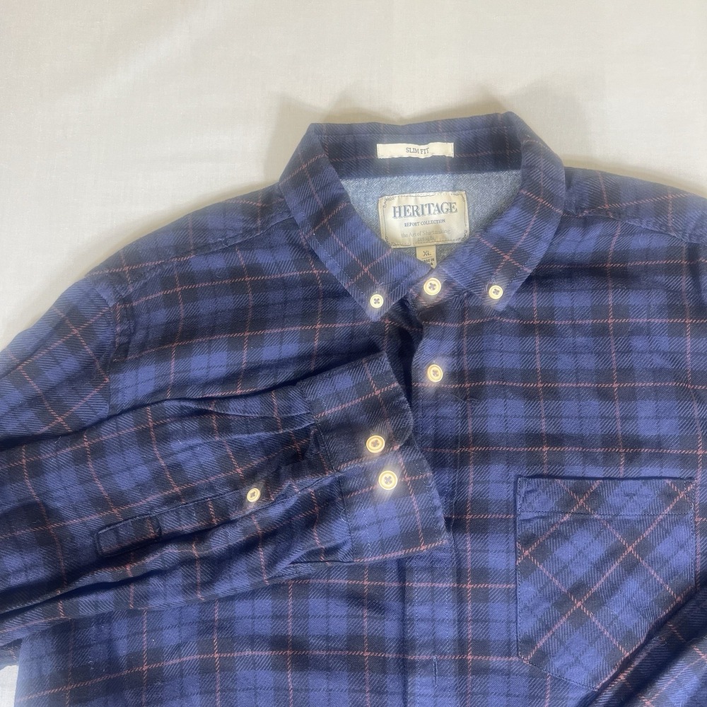 Heritage Report Collection Shirt Mens XL Slim Fit Blue Plaid Button Down Casual